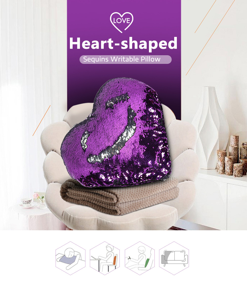 Heart-shaped Shining Sequins Writable Pillow PP Cotton for Bedroom Sofa Car