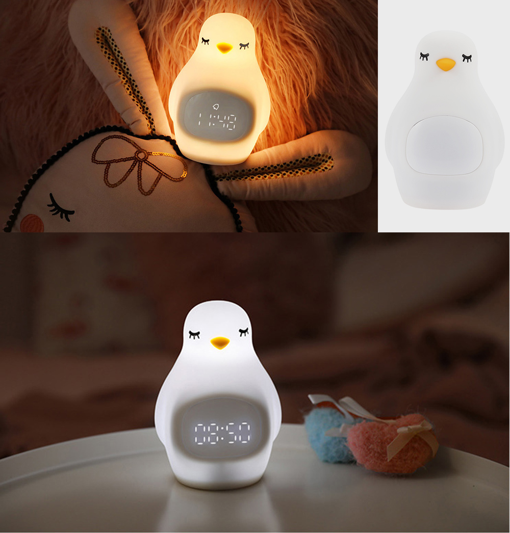 A LED Night Light Penguin Outlook Alarm Clock Silicone Cute Lamp for Children