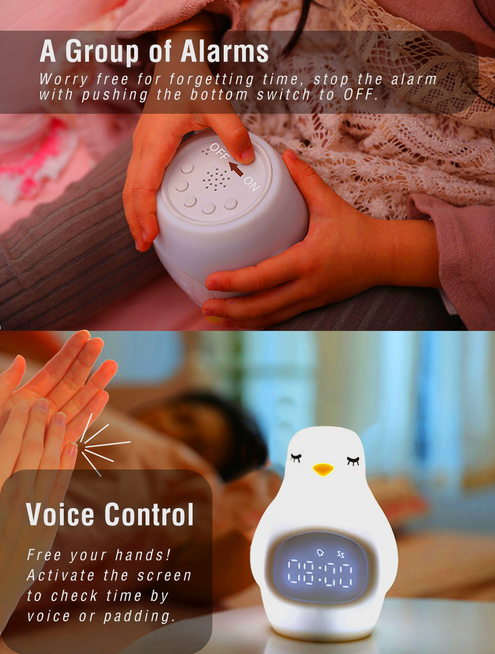 A LED Night Light Penguin Outlook Alarm Clock Silicone Cute Lamp for Children