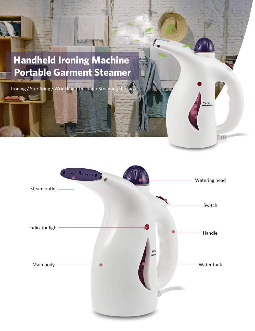 Handheld Ironing Machine Portable Garment Steamer with Brushes
