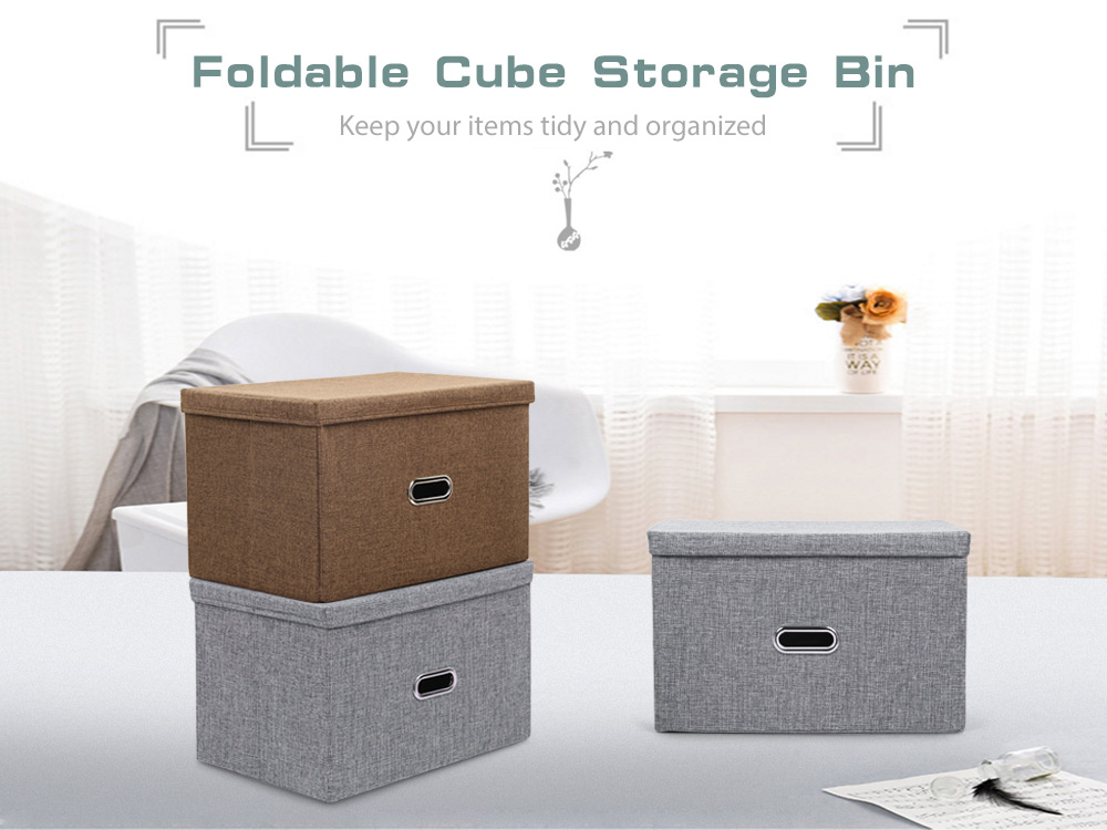 Linen Fabric Foldable Basket Cube Organizer Storage Bin Container with Lid