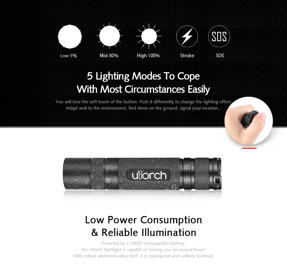 Utorch V8 CREE XPL V6 Portable LED Flashlight with Hand Strap