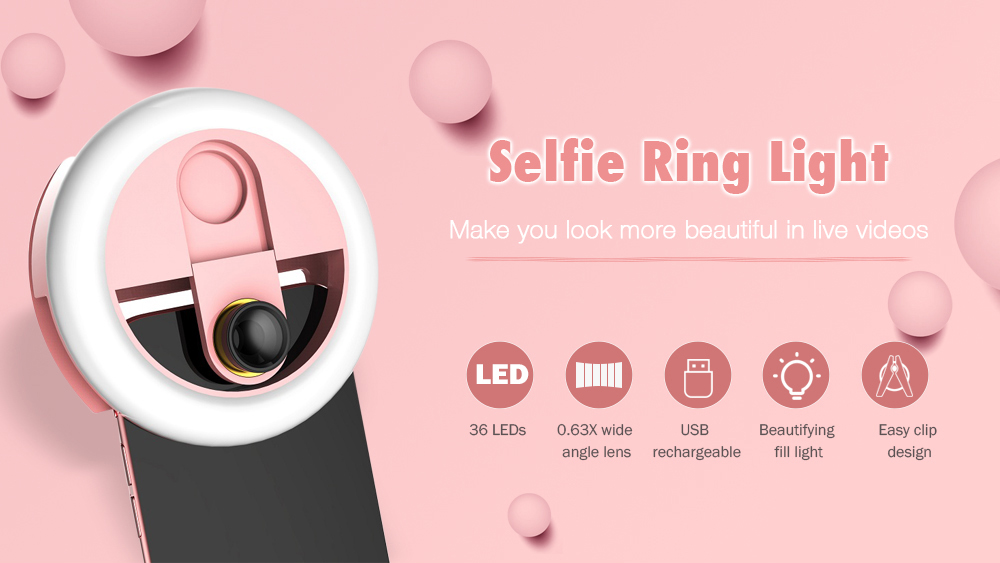 Wide Angle Lens Selfie Ring Light 1W 5500-6500K 36 LEDs Photographic Lighting Video Lamp 1pc