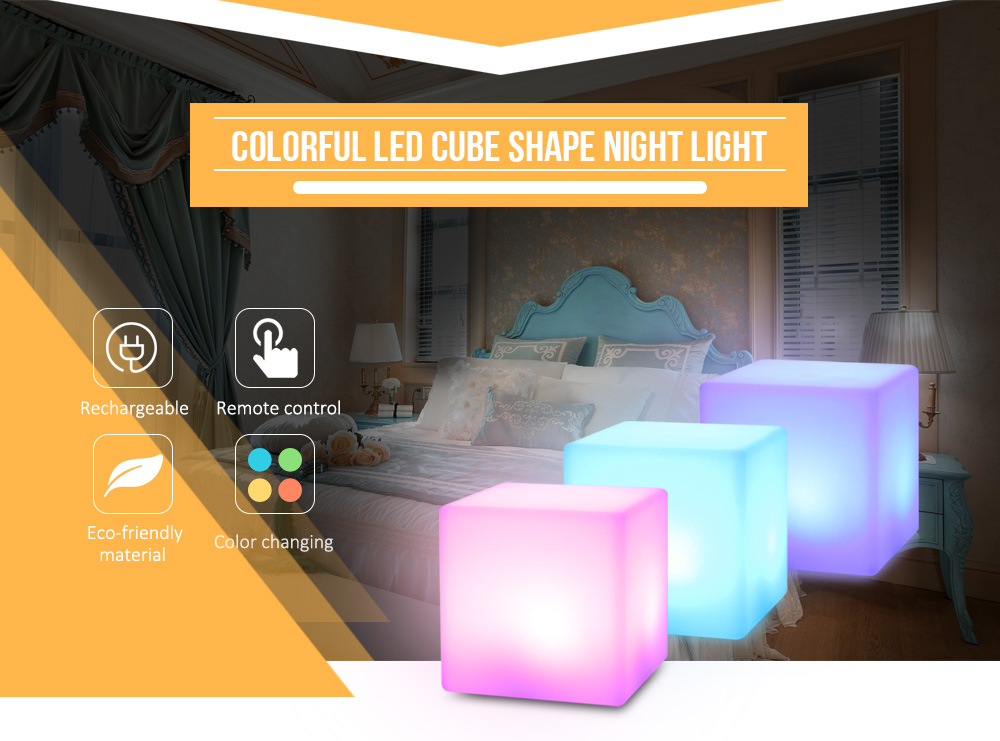 USB Rechargeable LED Cube Shape Night Light with Remote Control for Bedroom