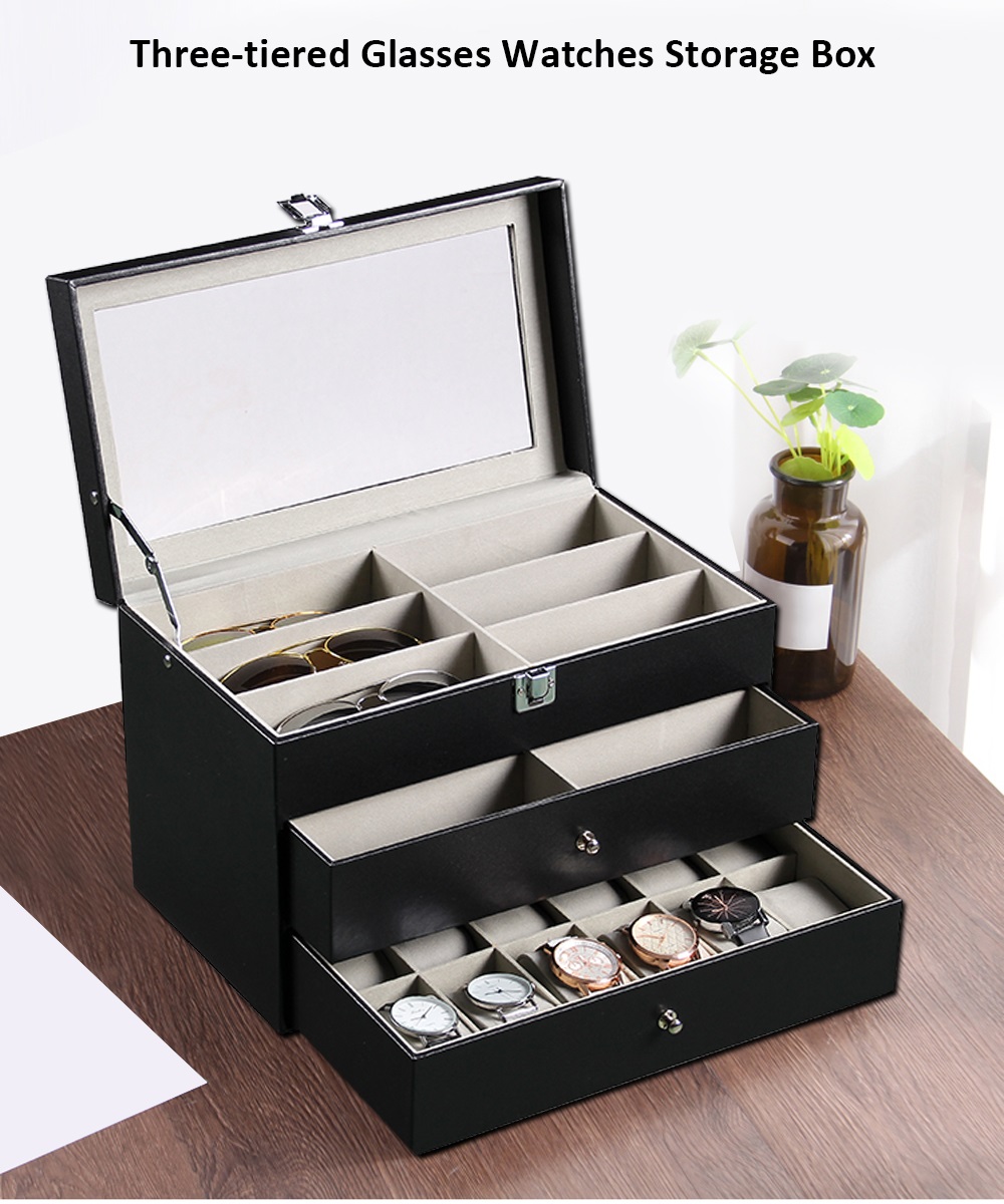 Three-tiered Portable Glasses Watches Storage Box Leatherware
