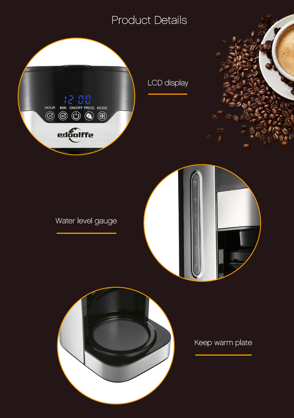 Edoolffe MD - 259T Smart Programmable Drip Coffee Machine with Glass Pot