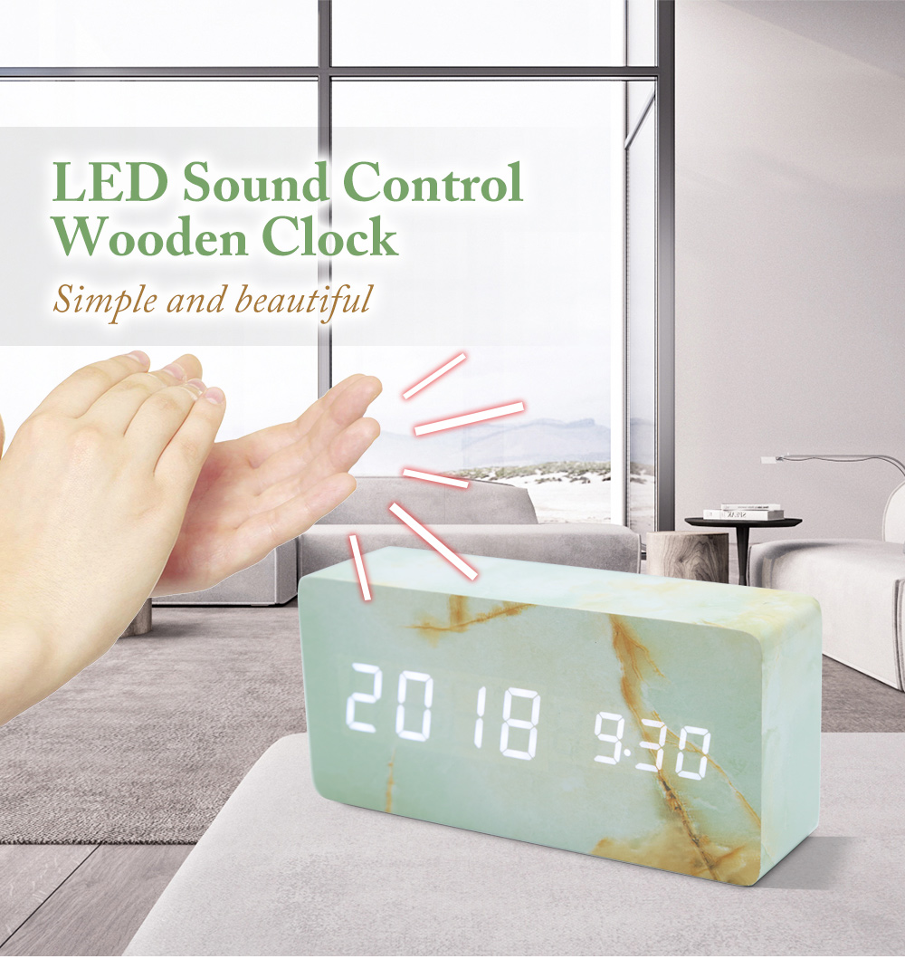 LED Dual Screen Sound Control Wooden Alarm Clock
