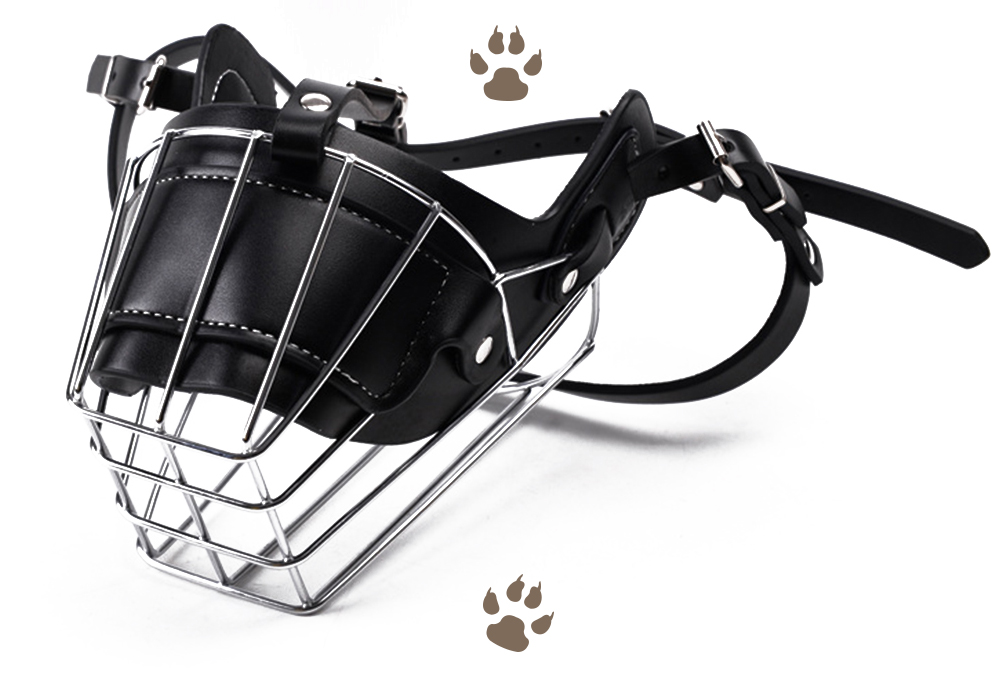 Adjustable Leather Iron Cage Dog Muzzle Mask for Anti-bite