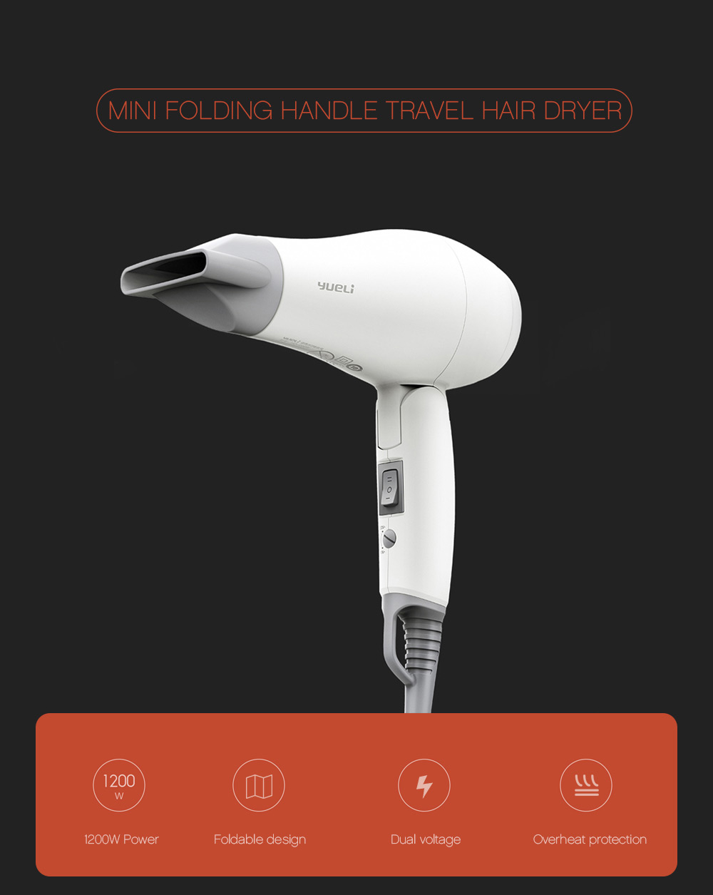 Xiaomi Yueli Mini 1200W Folding Handle Hair Dryer Dual Votage for Home / Travel