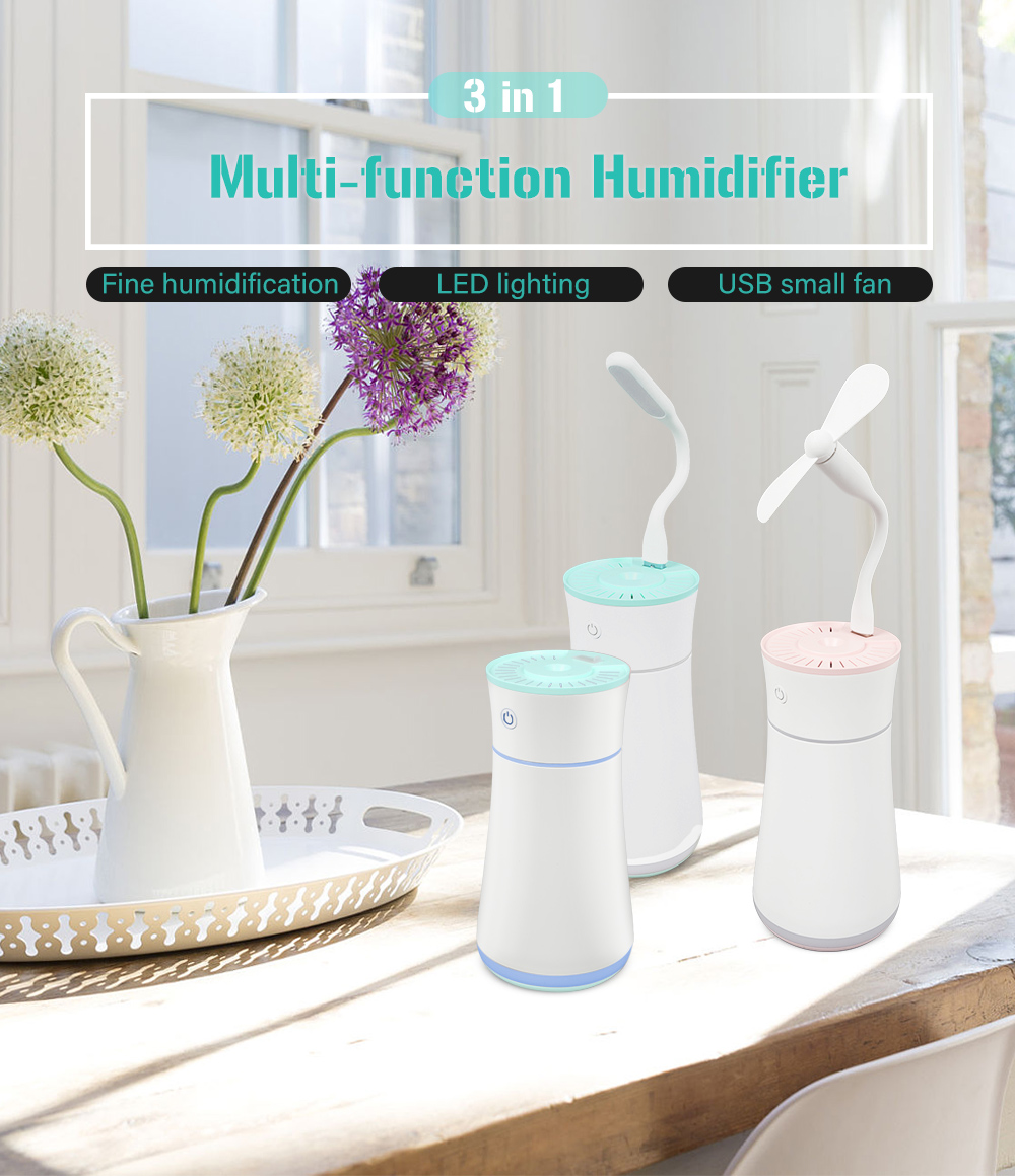 3 in 1 Multi-function Mini LED Light Small Fan Humidifier