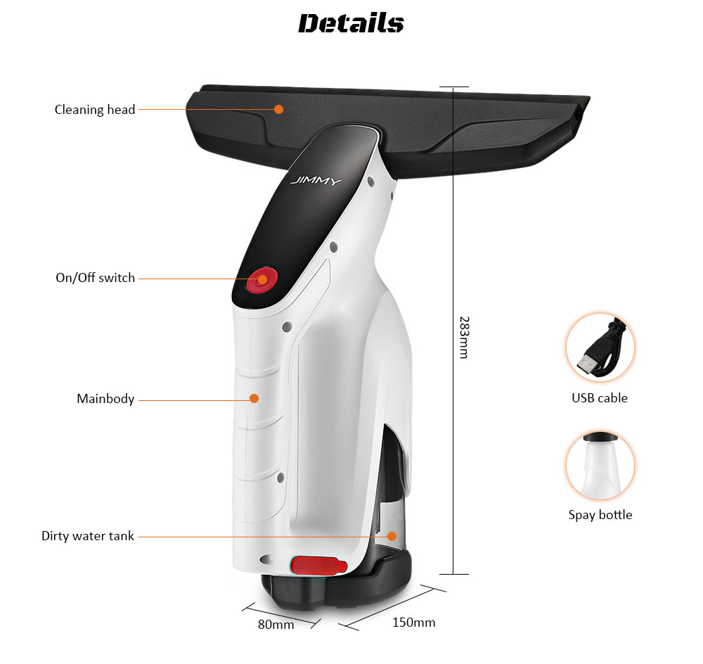 JIMMY VW302 - 1 Cordless Window Glass Vacuum Cleaner with Squeegee / Spray Bottle