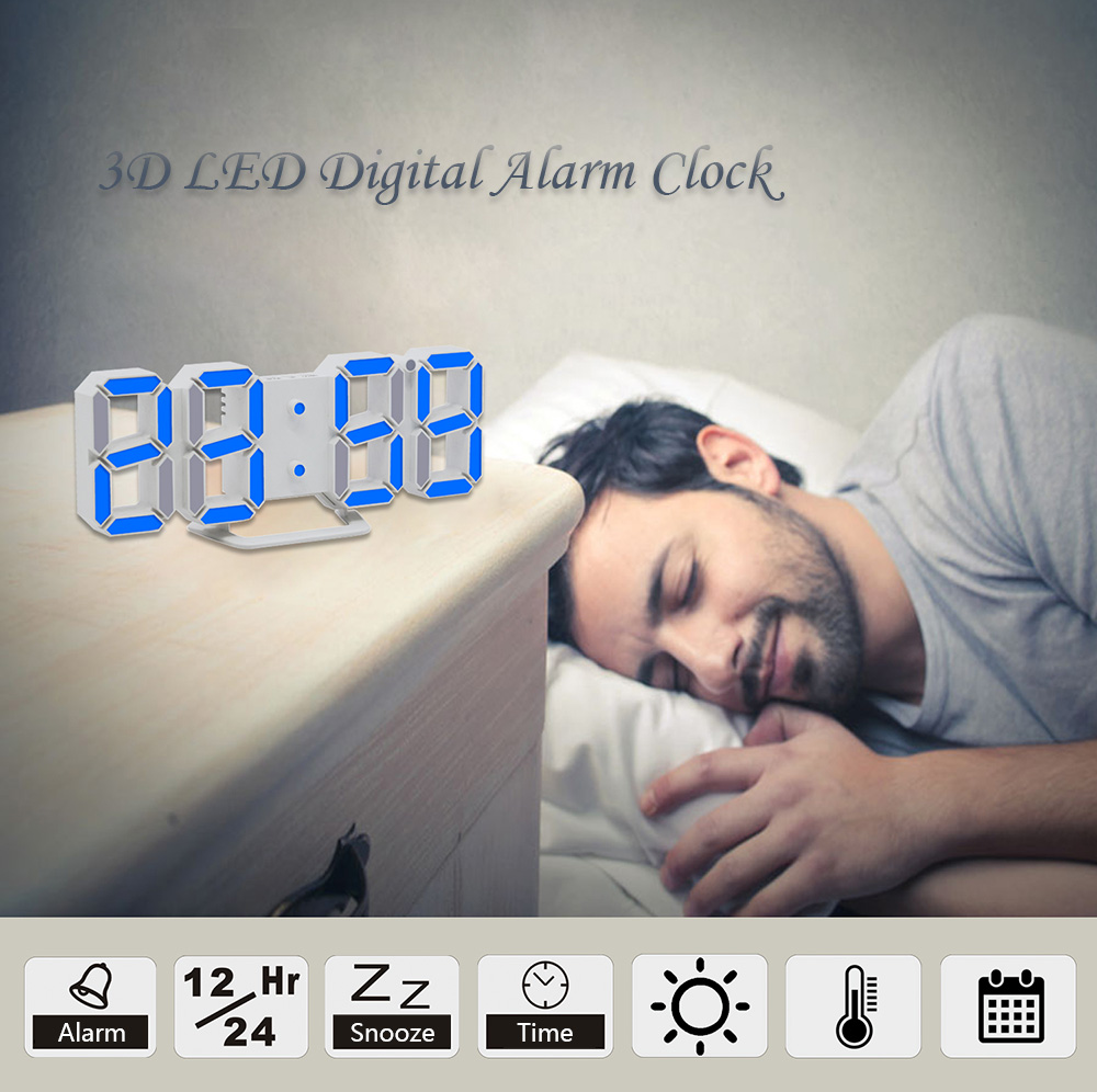 LED Digital USB Office Home 3D Wall Clock Alarm with Snooze Nightlight