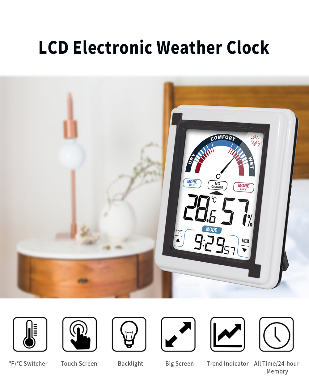 LCD Electronic Weather Clock Temperature Humidity Meter Indicator Thermometer