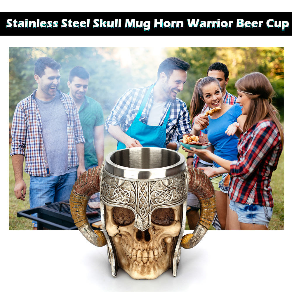 Stainless Steel Skull Mug Horn Warrior Beer Stein Halloween Bar Coffee Tea Cup