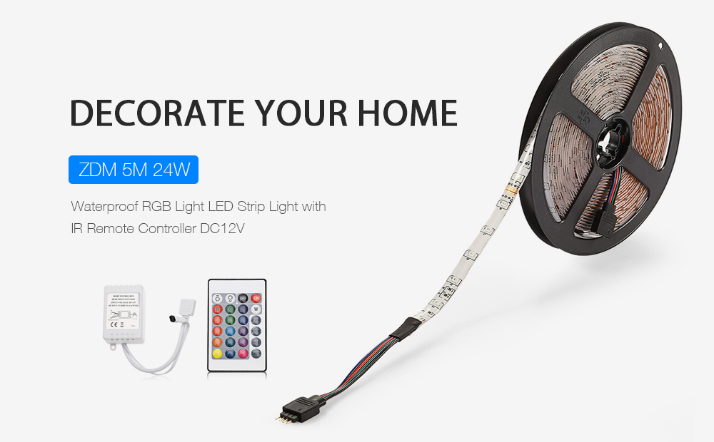 ZDM 5M 24W Waterproof RGB Light LED Strip Light with IR Remote Controller DC12V