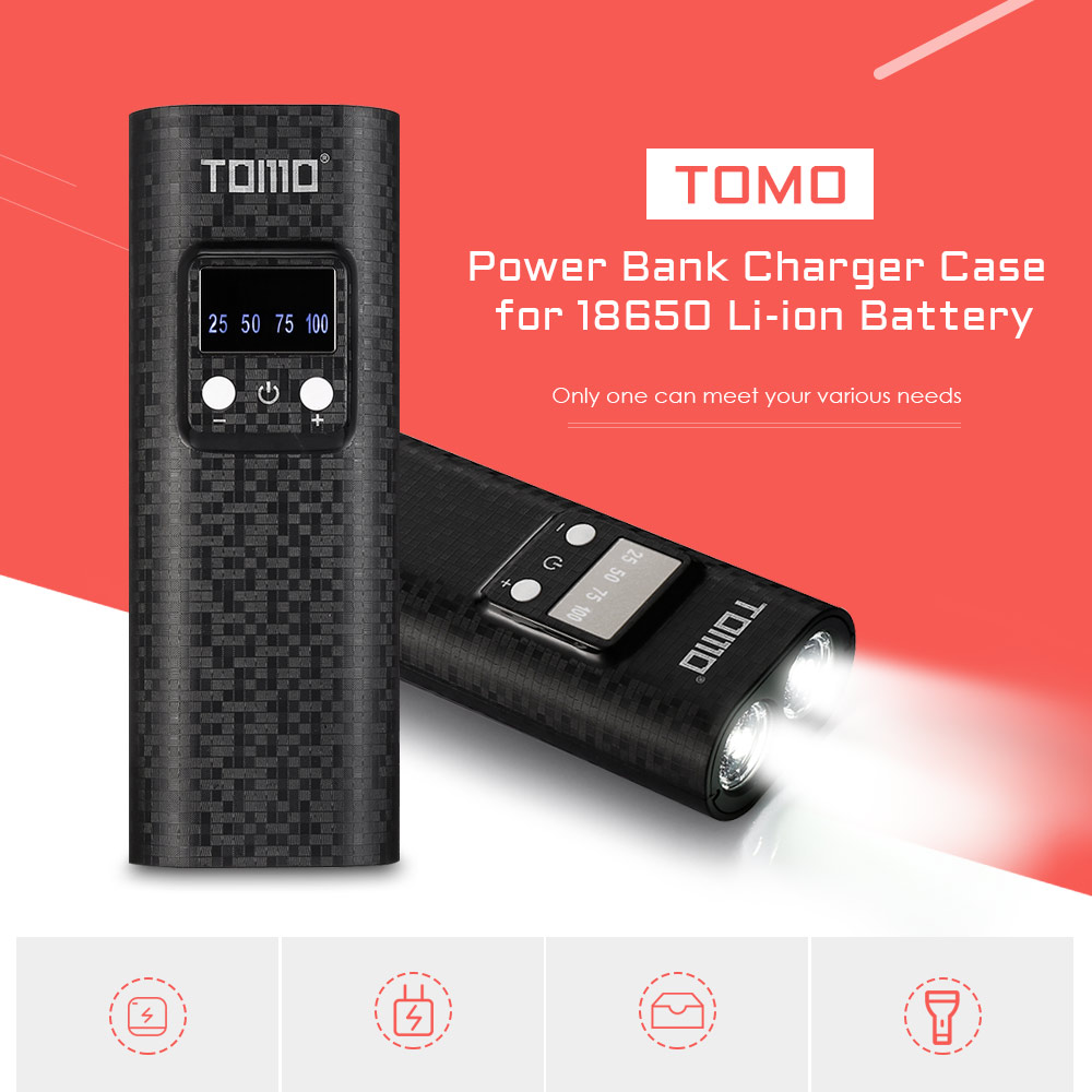 TOMO Q2 Power Bank Dual USB Charger Case Flashlight for 18650 Battery