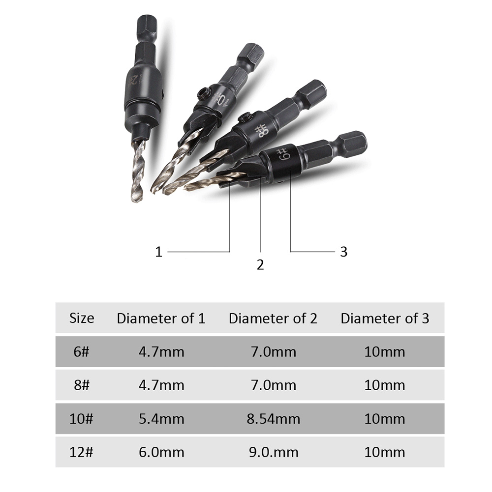 1/4 inch Quick Change Hex Shank Countersink Drill Bit with Wrench 4pcs