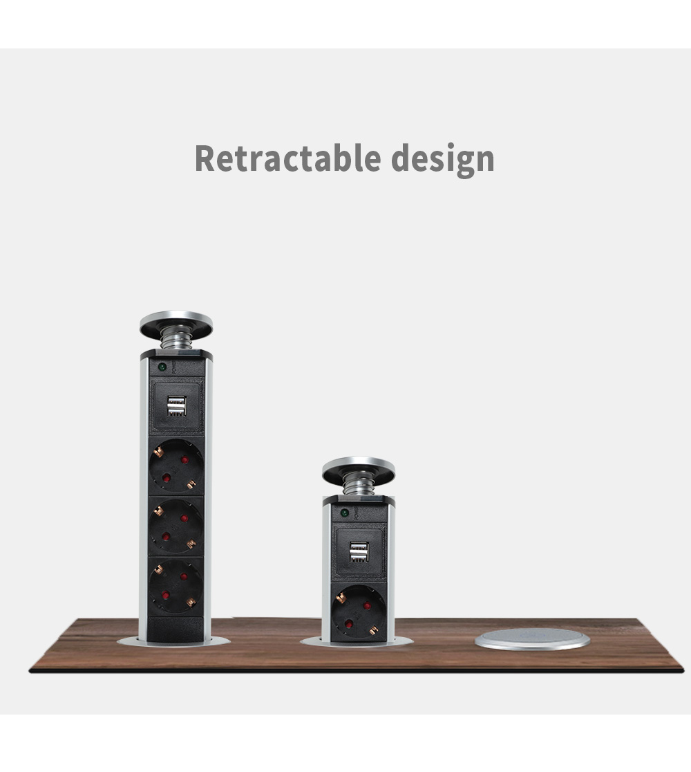 Retractable Pop Up Kitchen Desktop Socket with 3 Power Socket 2 USB Charging Port