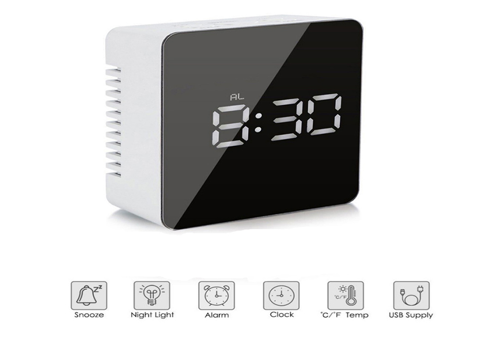Square Mirror Multi-function LED Alarm Clock