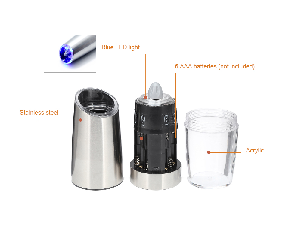 Electric Pepper Mill Portable Salt Grinder Battery Acrylic Stainless Steel