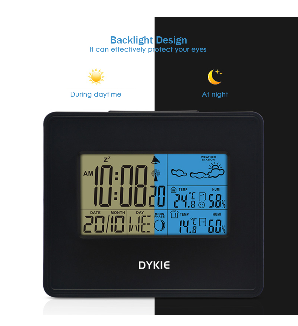 DYKIE Wireless Weather Station Temperature Humidity Meter Alarm Clock