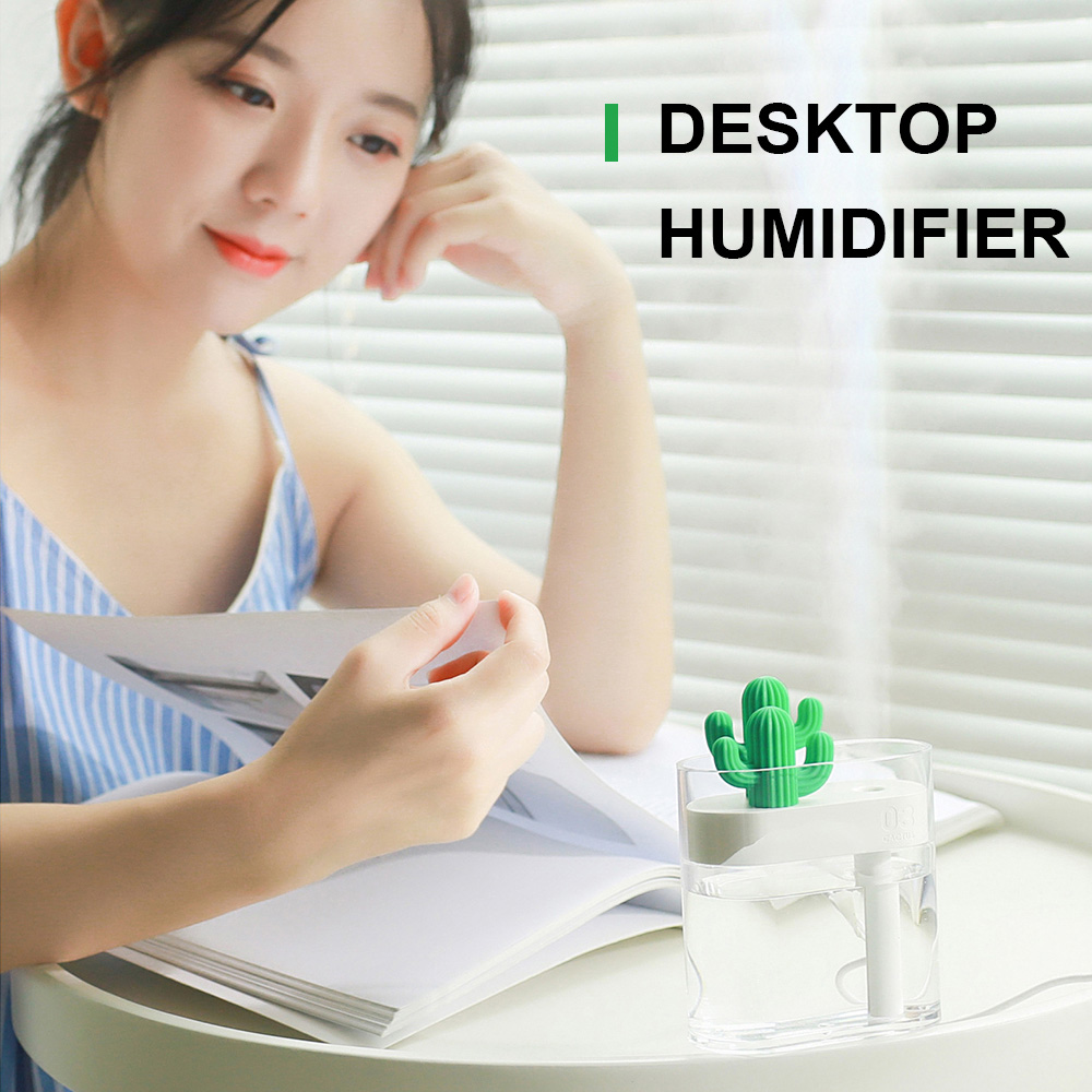 Desktop Humidifier Cactus Portable Cool Mist No Noise USB Power Colorful Lighting