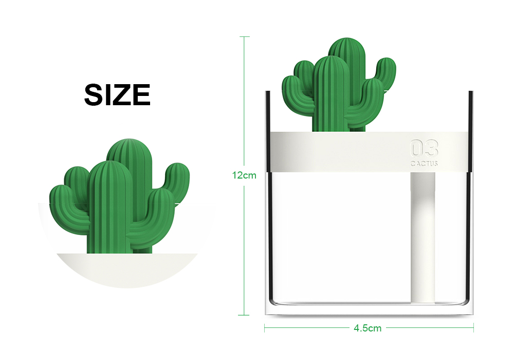 Desktop Humidifier Cactus Portable Cool Mist No Noise USB Power Colorful Lighting
