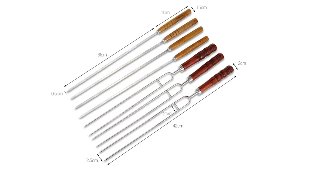 Outdoor BBQ Roasting Pin Barbecue Fork U Shape Wooden Handle Picnic Skewers 7pcs