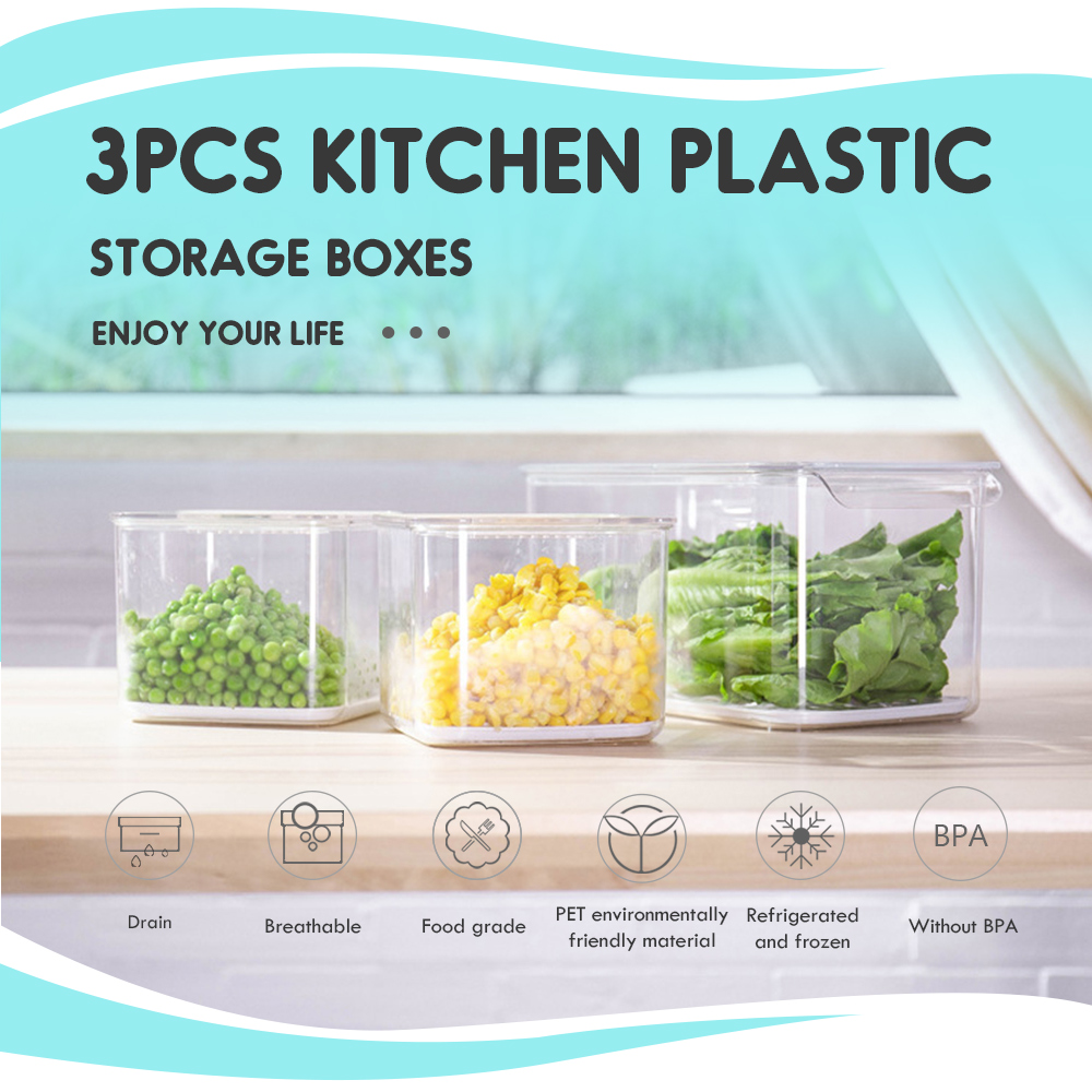 3PCS Kitchen Refrigerator Fruit Vegetable Crisper Plastic Storage Boxes
