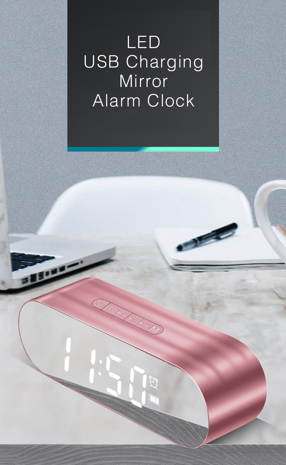 LED USB Charging Mirror Digital Alarm Clock with Bluetooth FM Radio